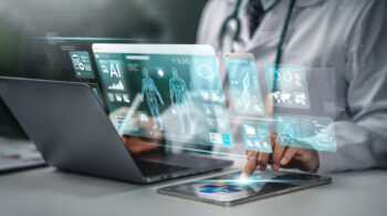 Doctor photo with hand icon. Medical technology. Doctor using AI technology to diagnose, care and improve accuracy of patient treatment in the future. Medical innovation for future health. Telemedicine concept. intelligenza-artificiale